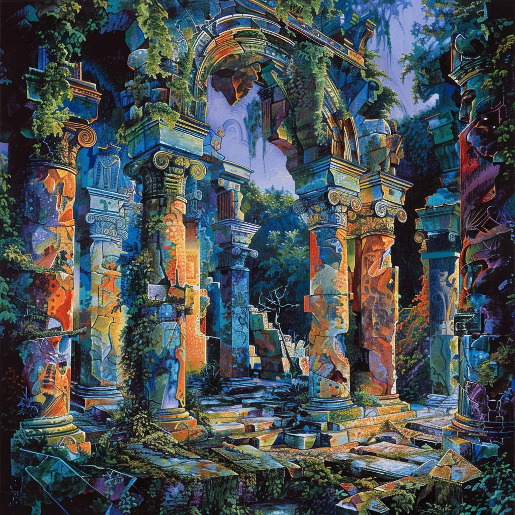 Ancient ruins with crumbling structures, statues, and overgrown vines, composed of bold, colorful patterns, ruins have a 3D effect, creating a sense of history and mystery.
