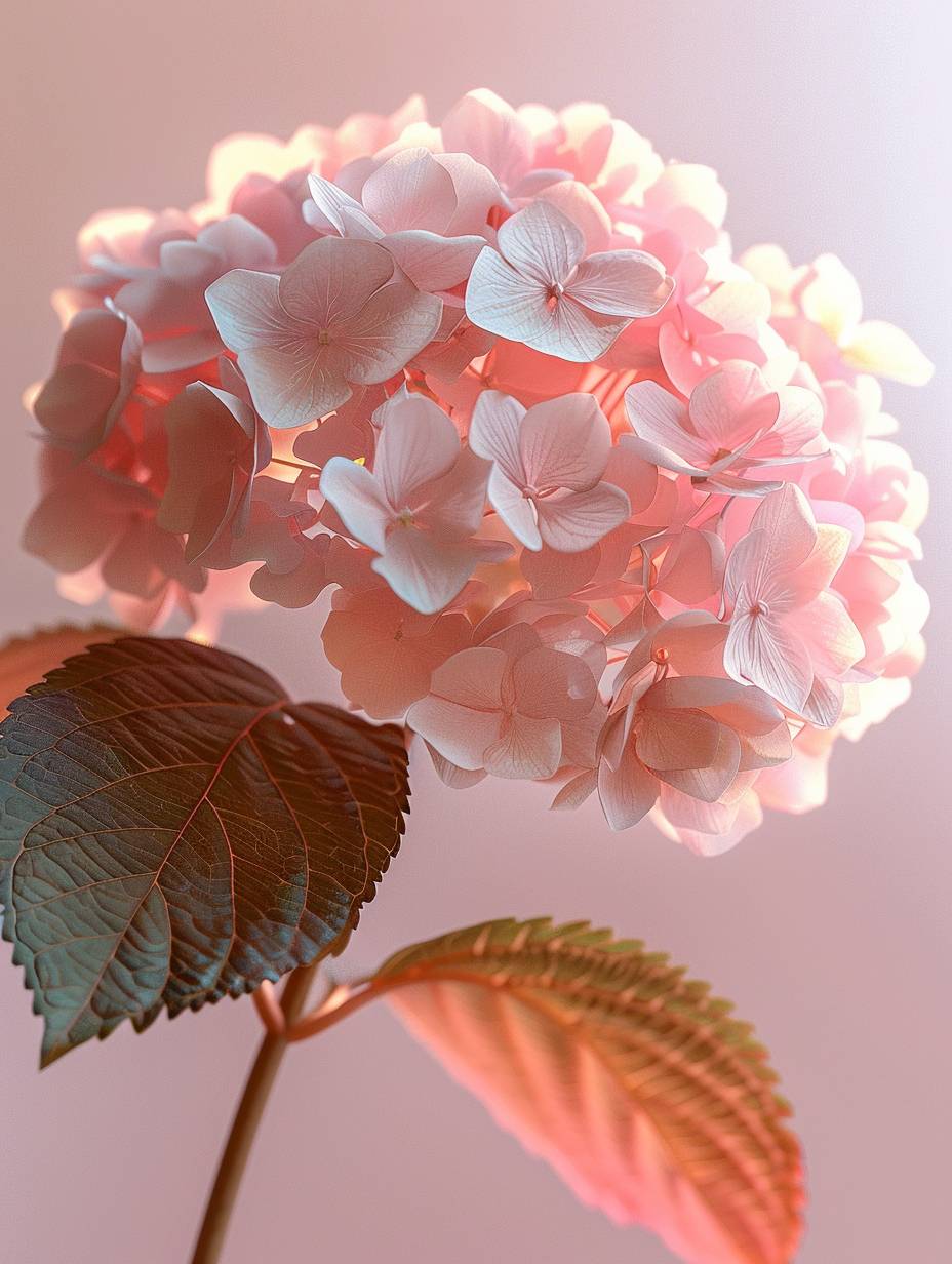 A light pink hydrangea, white background, realistic photography, soft light and shadow, 8k HD