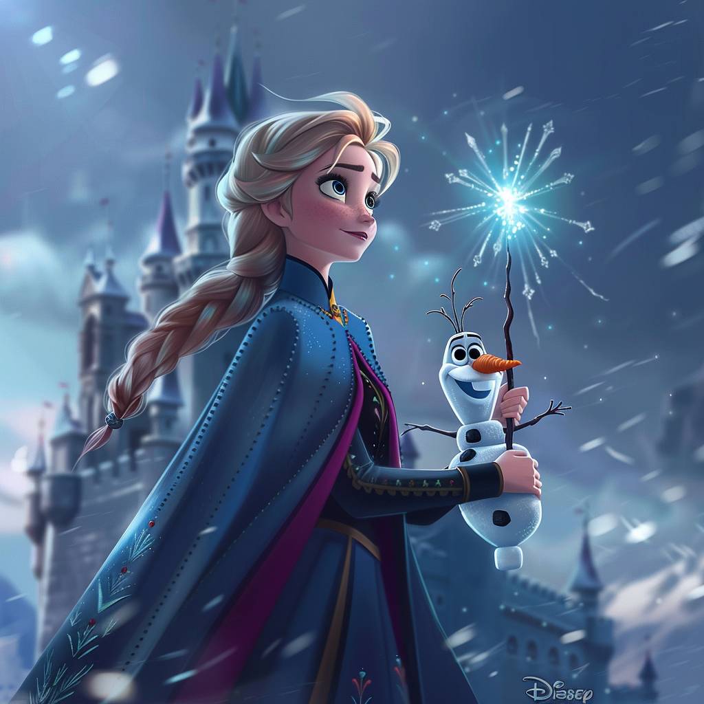 映画『アナと雪の女王』に登場するアイシャのイメージ。アイシャはオラフを抱き、魔法の杖を持ち、青いマントを着ています。ディズニースタイルで、背景は雪の城。素晴らしい照明とディテール、リアルな表現。