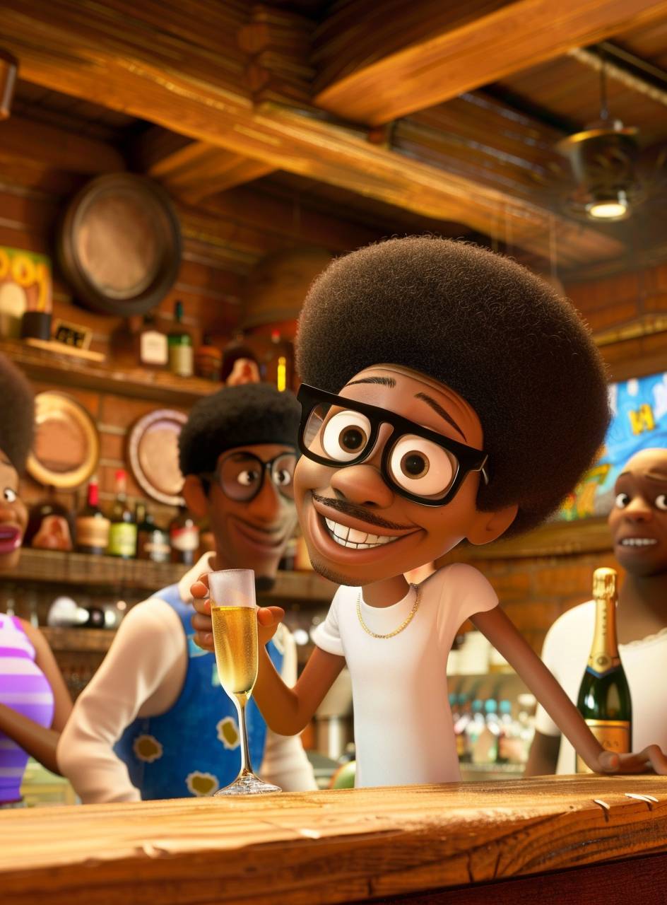 A Pixar cartoon of two disco men with crazy caricature holding bottles of champagne side by side, and next to them is another cartoon character celebrating.