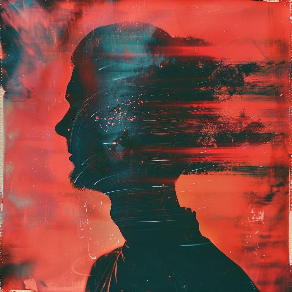 A red and blue psychedelic background with a black silhouette of a [SUBJECT], in the style of polaroid photography, bulb photography, flash