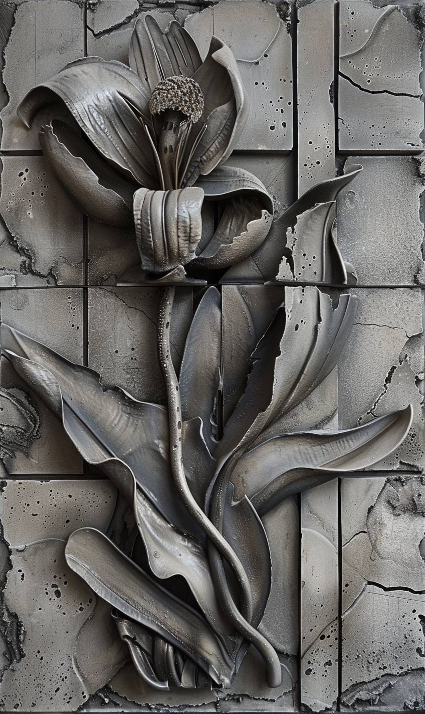 Colored bas-relief depicting alien flower growing though concrete brutalist buildings