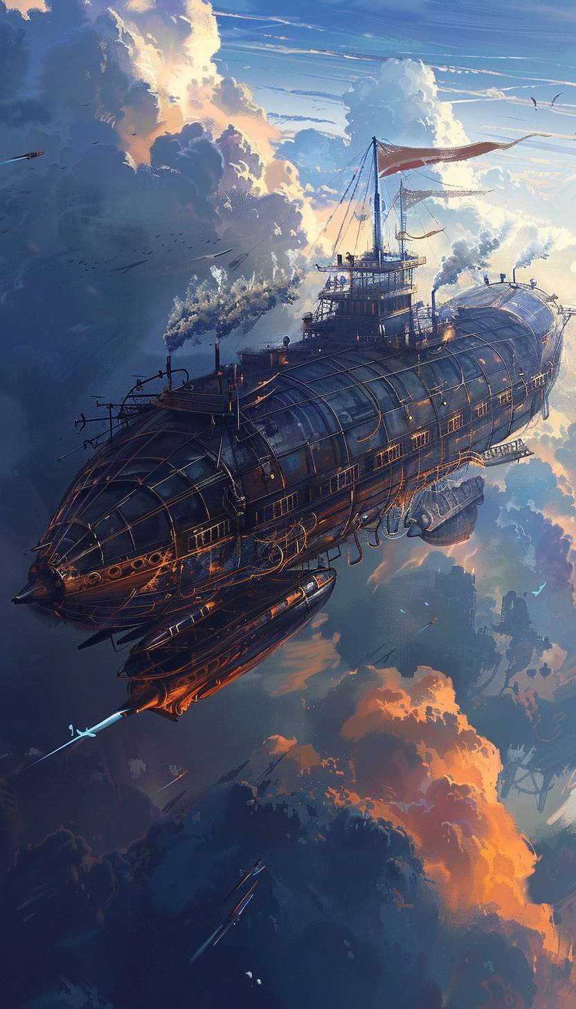 In the style of Miyamoto Musashi, a steampunk airship gliding through the clouds