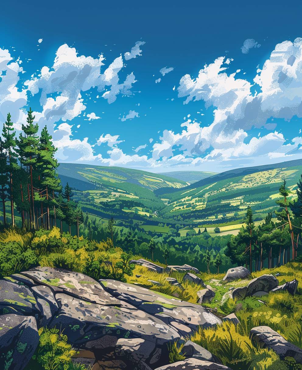 Beautiful view of Derwent Edge, Peak District, England, summer, blue sky, 2D illustration