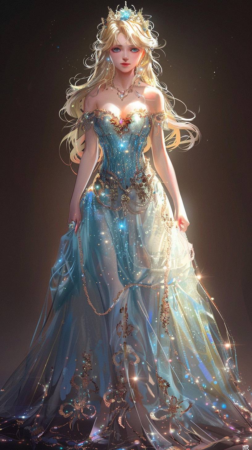 A blonde woman in a detailed intricate light blue dress, with blue, gold, pink colors. Beautiful artwork, 8k retro anime art. Beautiful princess of the stars, blonde with blue eyes, against a plain dark brown background.