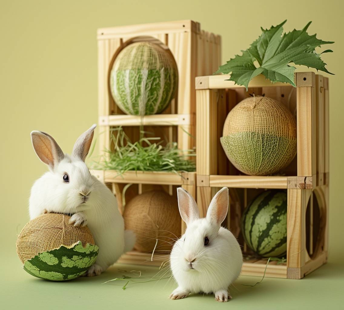 Chonky round and textured melons made of biodegradable materials, with green leaves on top, surrounded in the style of wooden edges in the shape of small cubicles for hamsters or guinea pigs to hide their food, with an empty space at one end where you can place your pet's bed. A white dwarf Netherland Drika mini rabbit is sitting next to it eating grass. The background color should be light yellow-green. High resolution photography.
