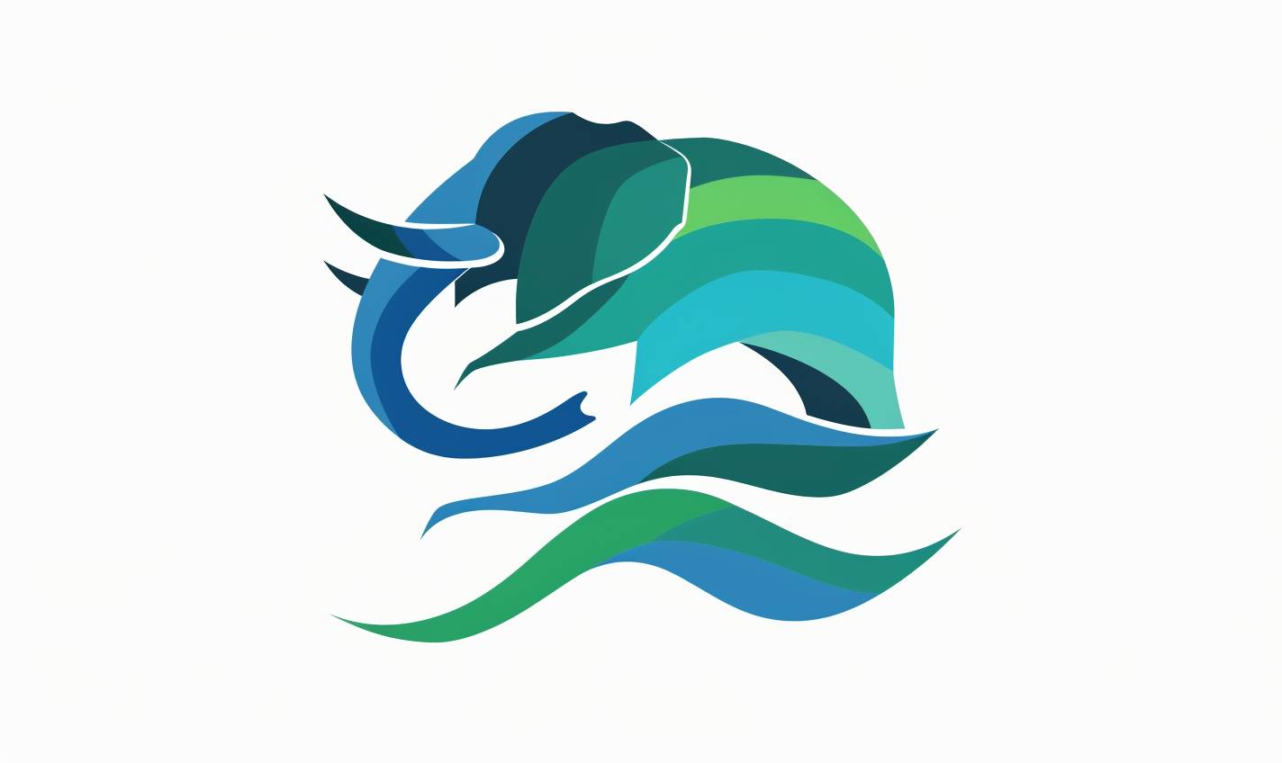 抽象形状スタイル、青と緑の波要素、象のような象の鼻を含むロゴ、シンプルでミニマル、Rob Janoffスタイル、白い背景色、Webアプリのロゴ用のベクターアートデザイン