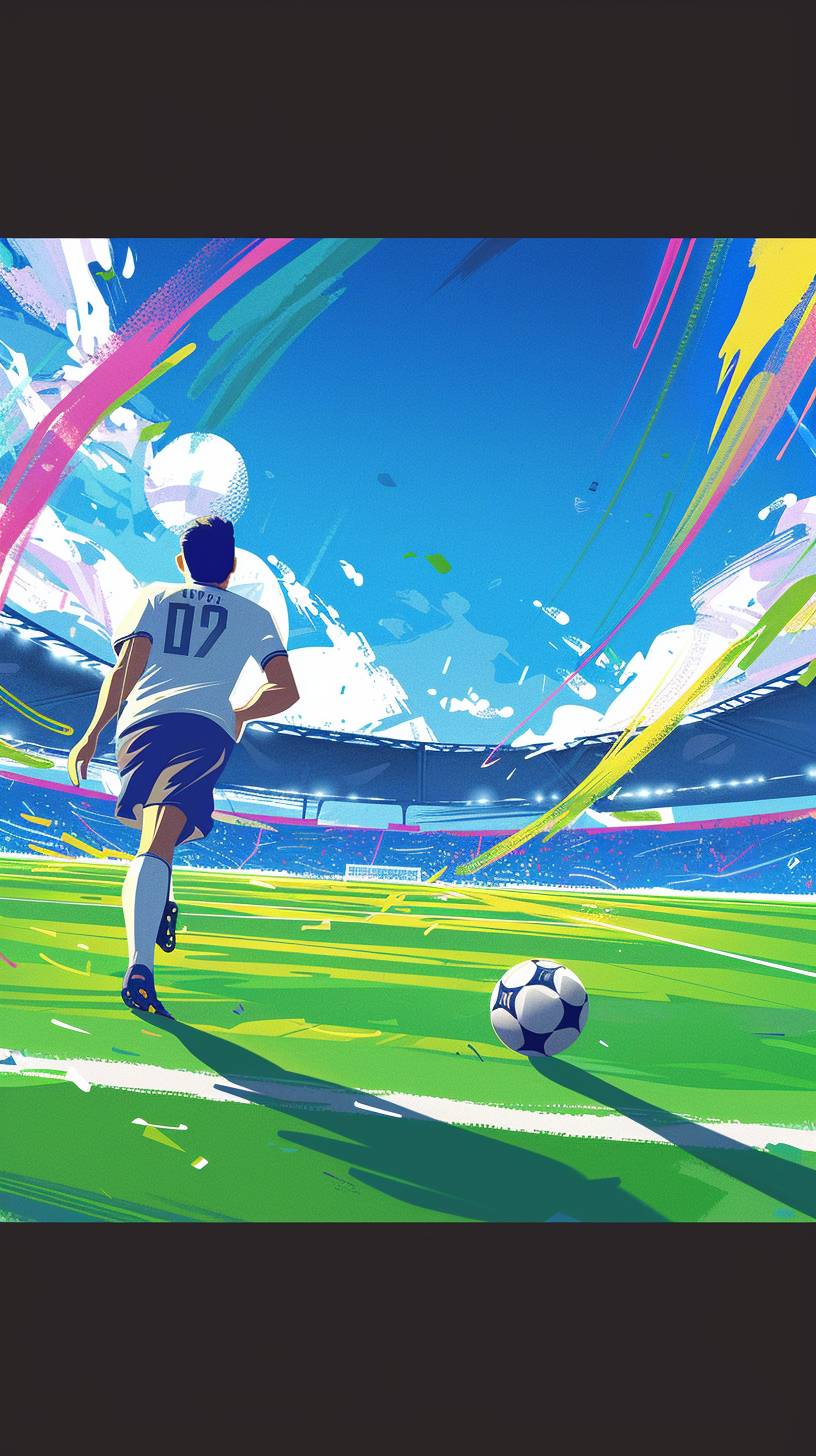 フラットスタイル、イラストスタイル、4K、サッカー選手がシュートを読む。スタジアムの中、青い空、いい天気。ヨーロピアンカップ—ar 9:16  —v 6.0