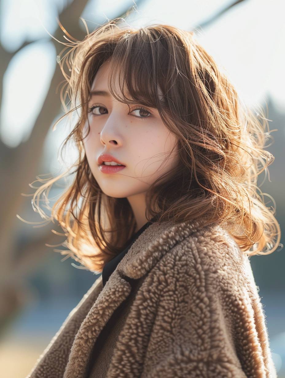 Cute Japanese fashion model, 18 years old, medium beige-brown hair, simple and elegant clothes, soft light, high quality, SLR. embarrassed grin.