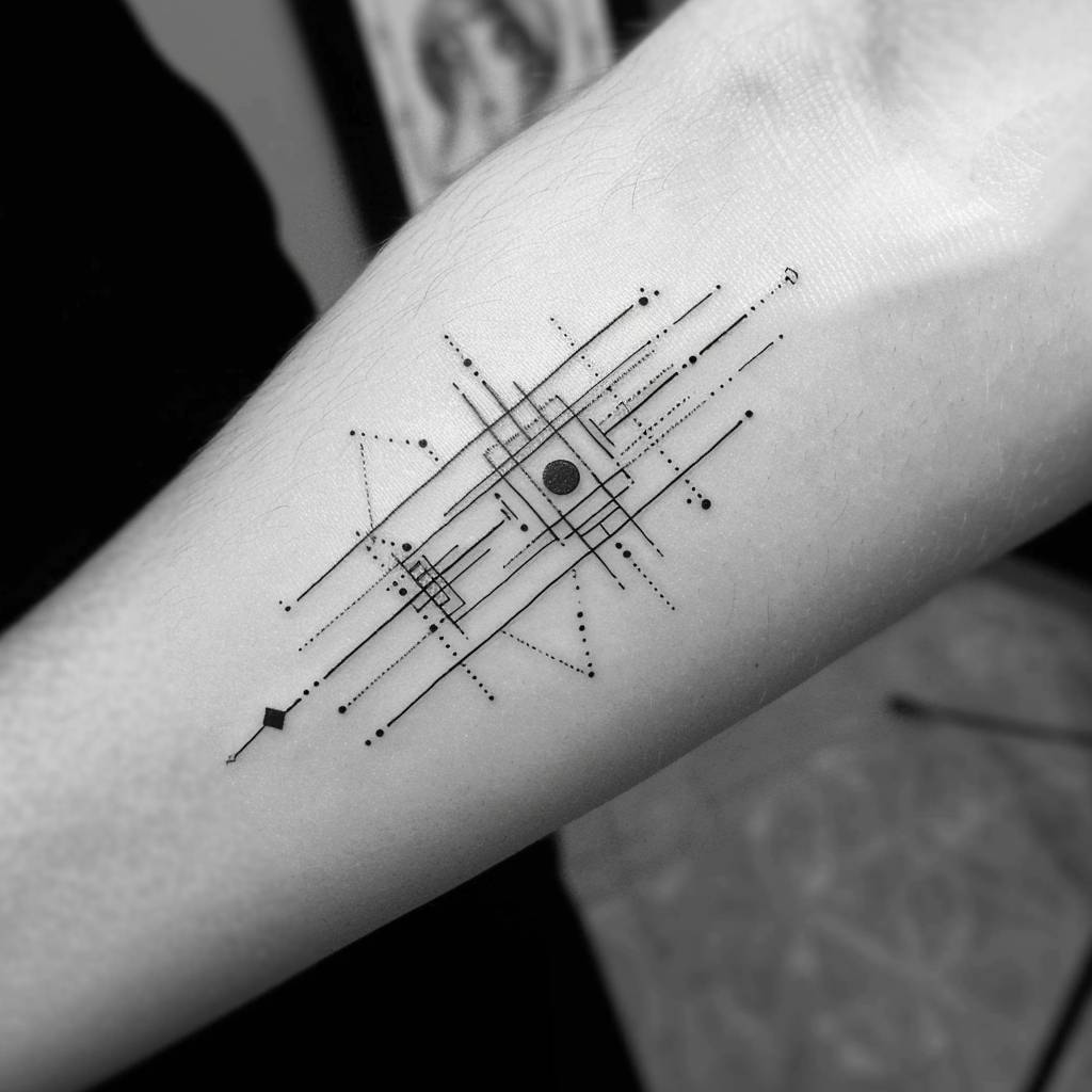 Minimal tattoo design, symmetrical, line, dots, square, black, white background