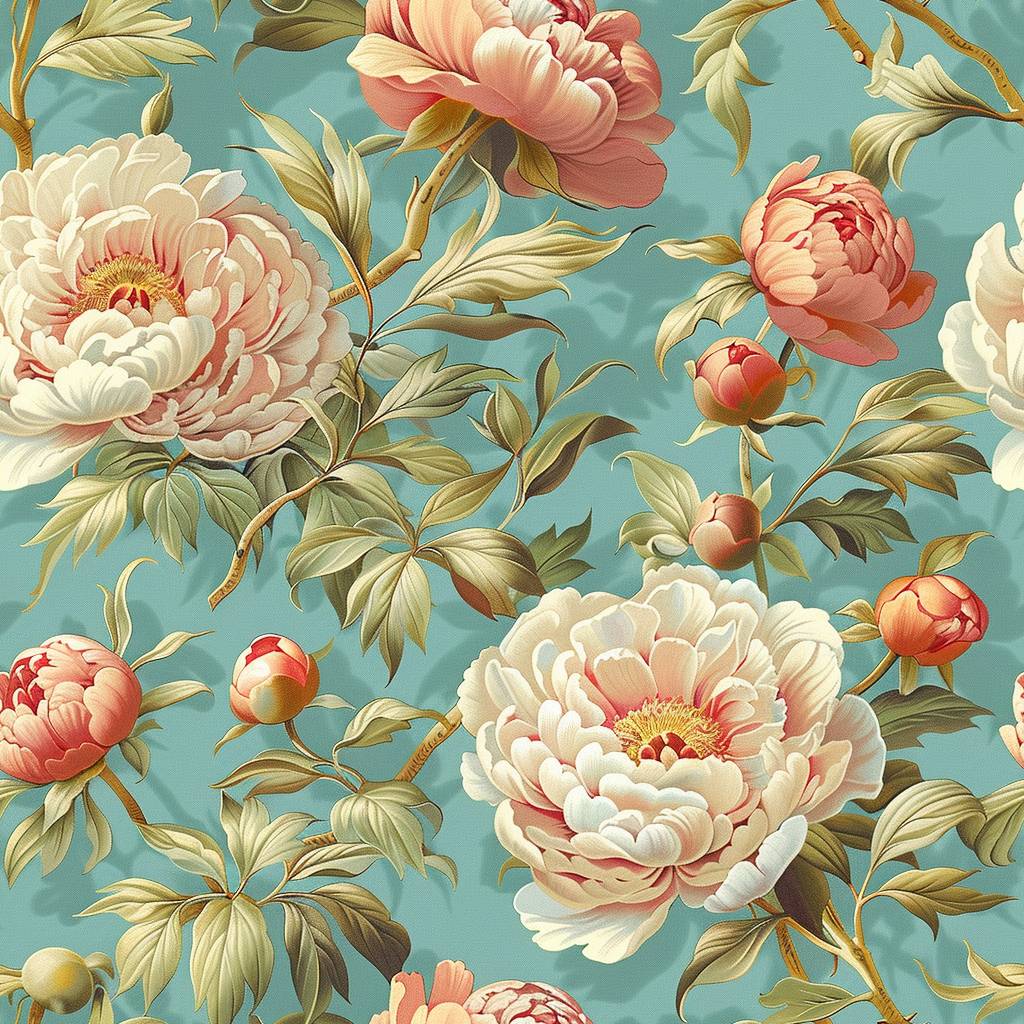 Peonies and buds, Baroque Jean-Honoré Fragonard style, seamless wallpaper, pastel colors on a teal blue background, large repeat.