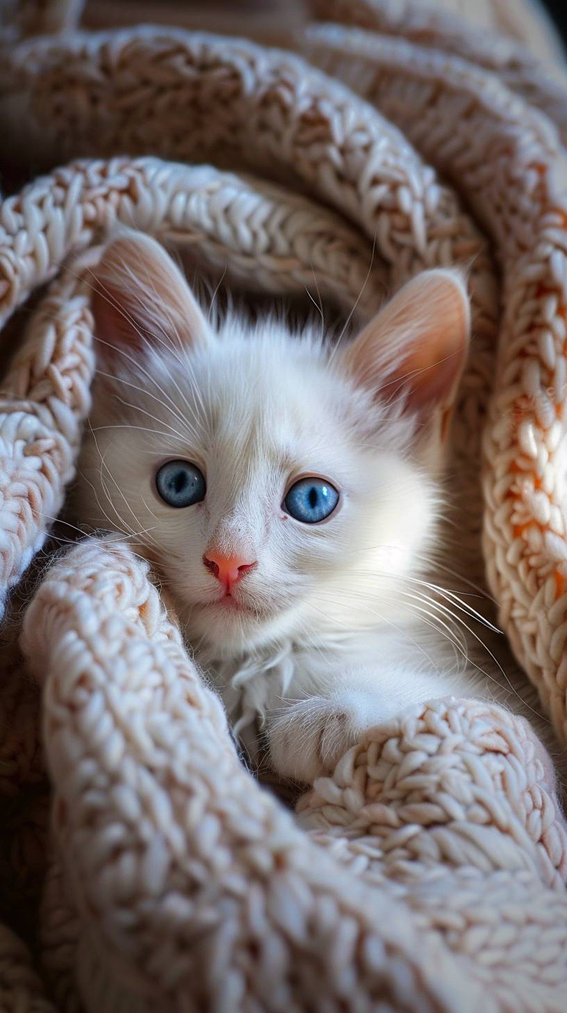 A small, white kitten with blue eyes, curled up in a cozy blanket, softly lit by the warm sunlight streaming through a nearby window, with a tiny pink nose and delicate whiskers.