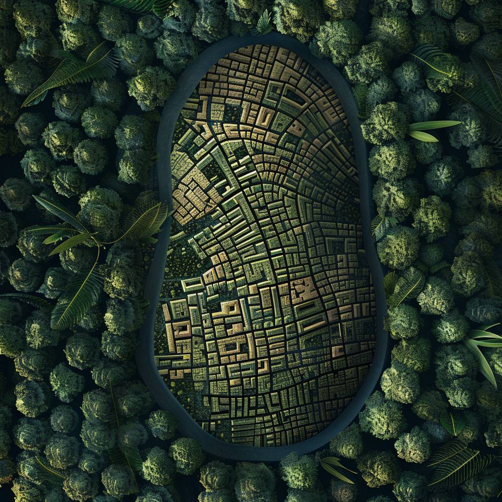 A large complete image in the form of a human fingerprint representing the streets and alleys of an ancient city, three-dimensional image, the background of the image is a very large olive leaf covering the image area, the image is accurate with high-quality details, the lighting in it is carefully studied.