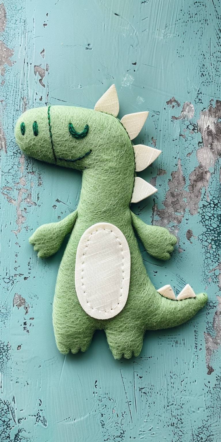 Simple embroidered felt green dinosaur with white belly, simple design, flat lay on blue background
