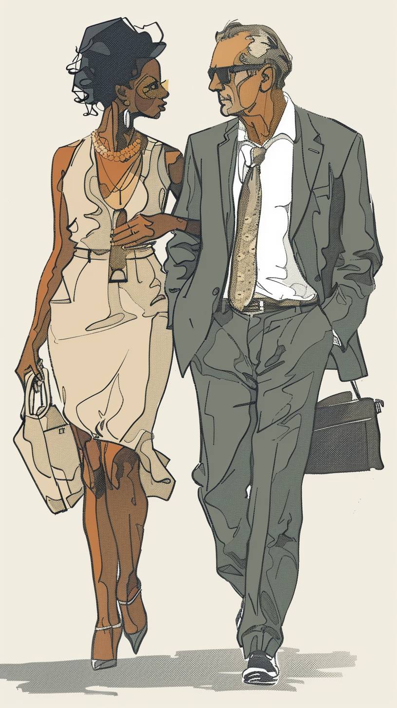 恵ニキ・ビラール風のスタイルで、非常に細部にまでこだわったカラーベクトル線画で、60歳のカフカジアンフランスのビジネスマンが彼の21歳のブラジルのガールフレンドと散歩する場面を表現します。