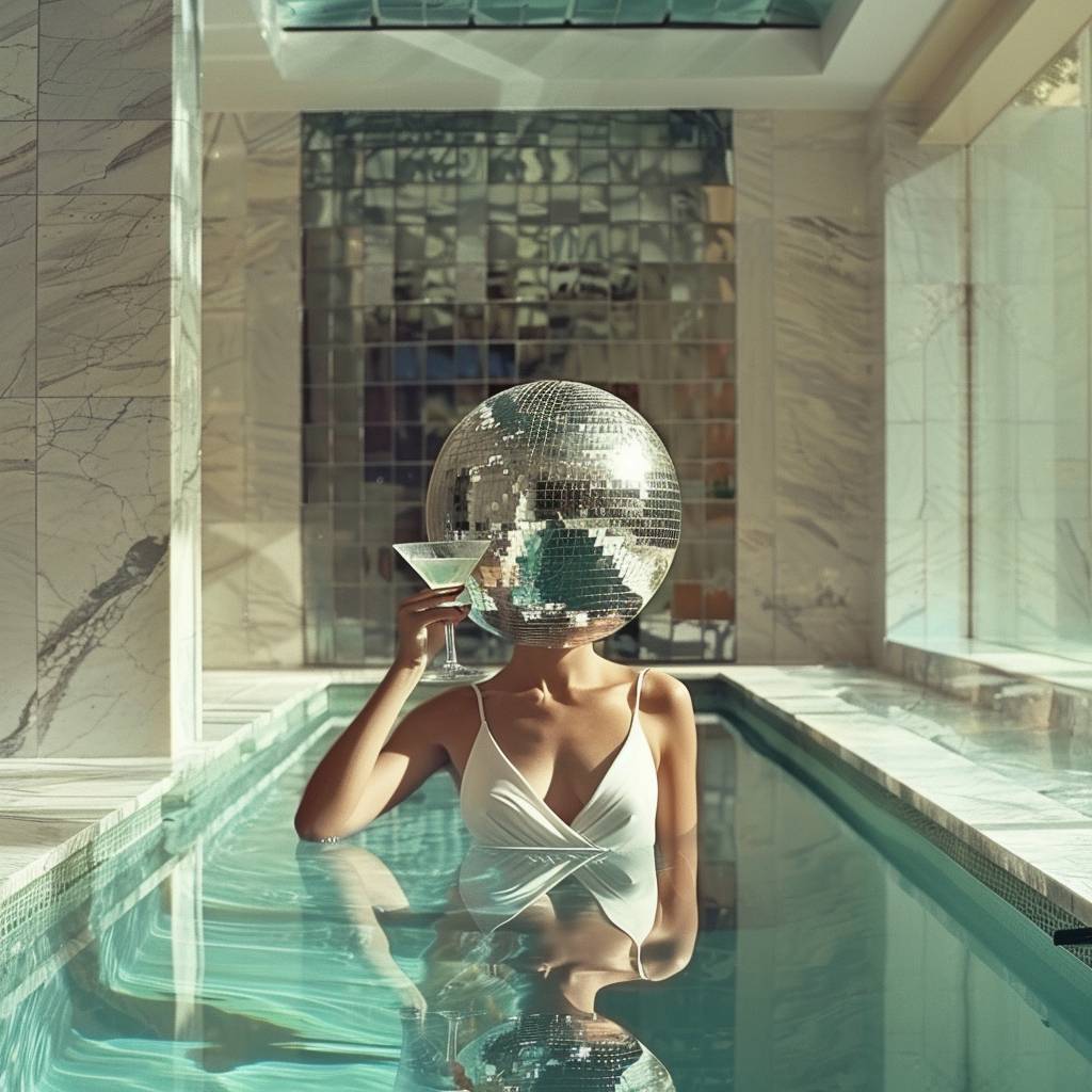 A captivating hyper realistic photo of a chic woman drinking a martini in a pool. The woman has a disco ball for a head.