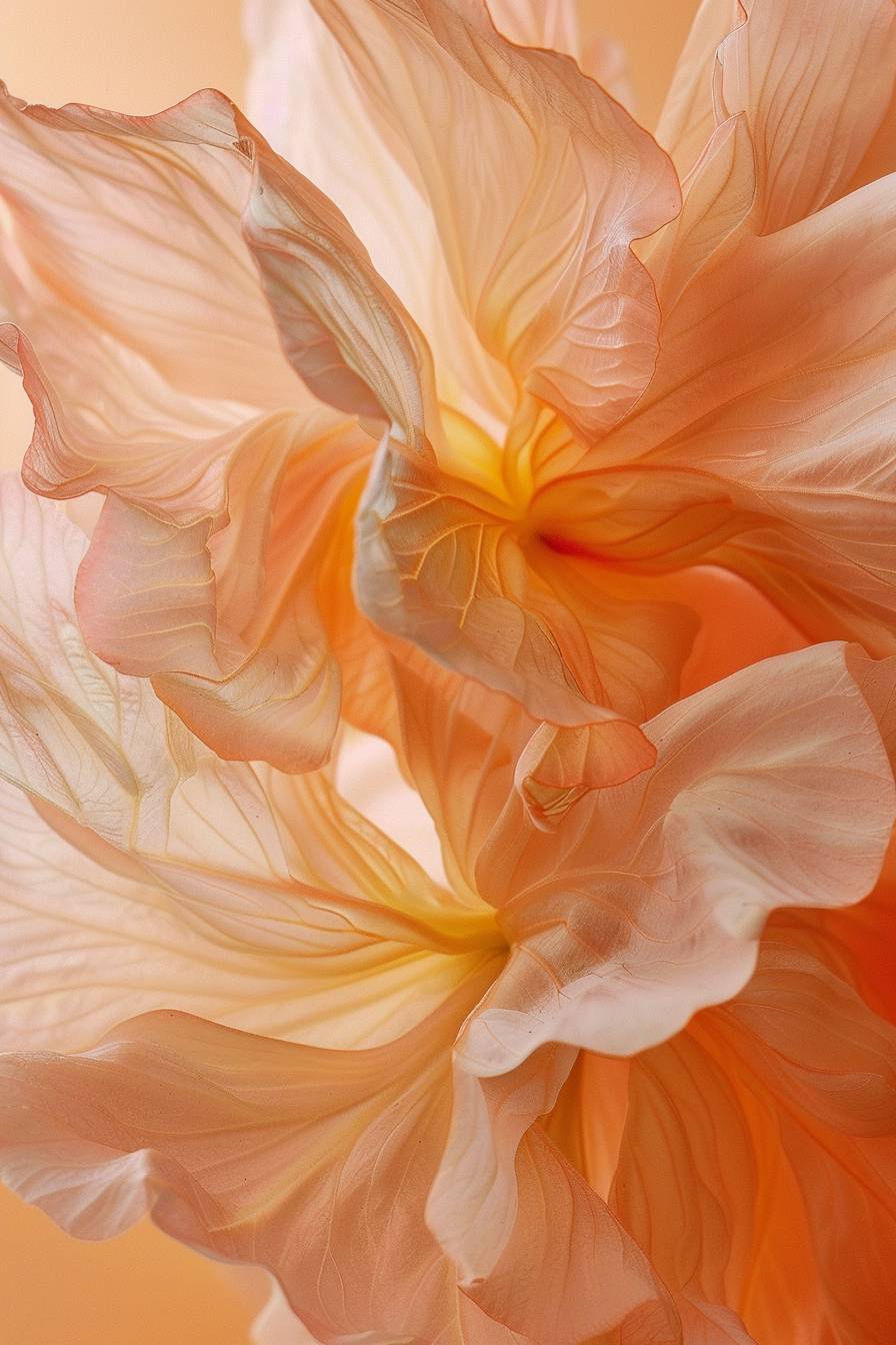 Closeup of petal material, soft peach pantone color background, semitransparent, translucent petals with subtle yellow accents, blurred edges, macro photography style, Nikon D850 used for high-resolution details and texture, focusing on the delicate textures of flower petals.