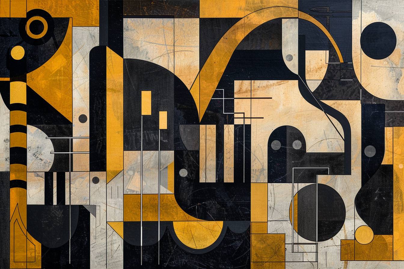 An abstract composition of musical instruments in Constructivist style, with ebony black and gold geometric forms