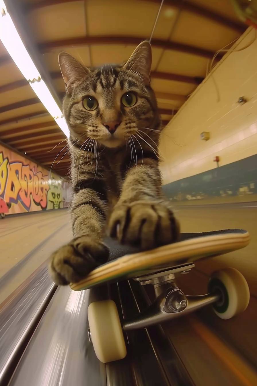 A screen grab from a cat video, with a cat riding a skateboard, with all paws on the board, medium motion blur, photorealistic, shot on a GoPro, low quality image.