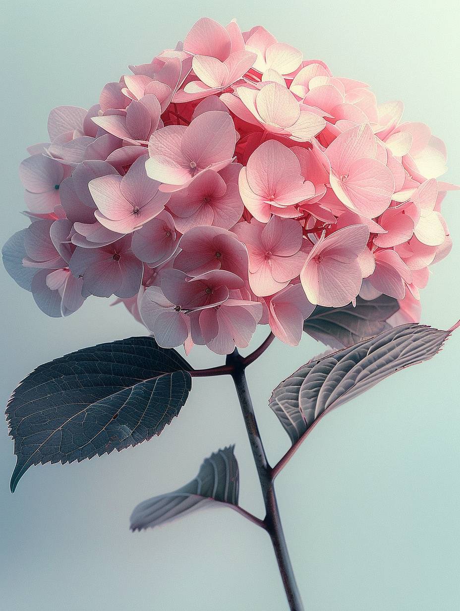 A light pink hydrangea, white background, realistic photography, soft light and shadow, 8k HD