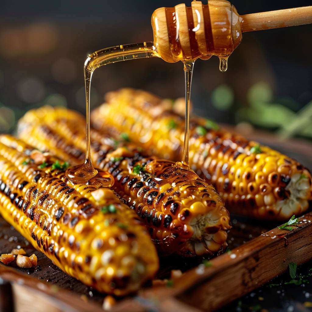 Food photography, grilled corn on a wooden tray, close-up shot of honey being drizzled by a honey dripper, The glistening honey and caramelized grill marks will create a mouthwatering image, beauty dish lightening.