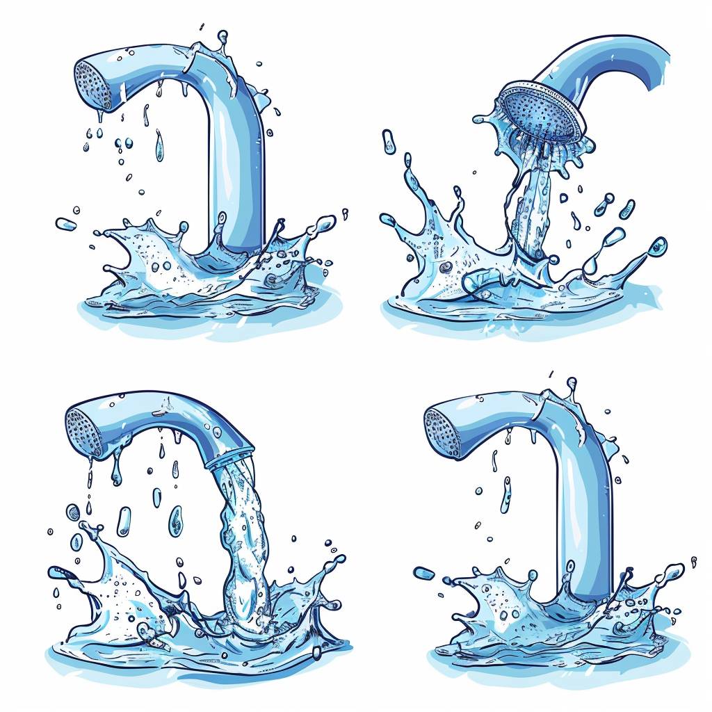 4 frame sprite sheet of water flowing out of tap, animation style, white background