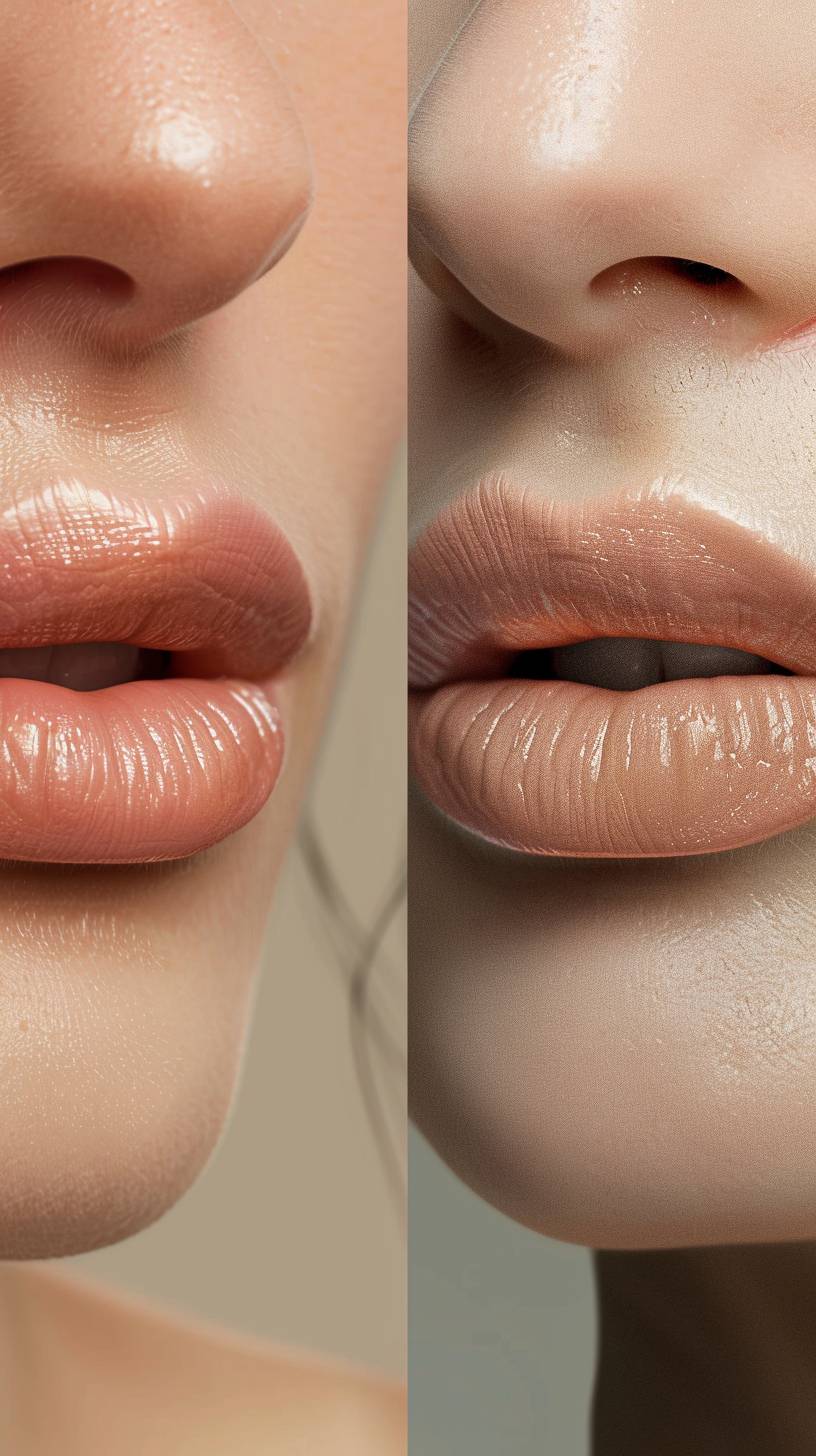 A side-by-side comparison image showing the before and after effects of lip filler treatment. On the left, the 'before' image shows natural, thinner lips. On the right, the 'after' image shows fuller, plumper lips with a smooth and enhanced appearance. The background is a clean, professional medical office setting, highlighting the aesthetic improvement from the treatment. Photo realistic, hi definition -AR 9:16 -V 6.0