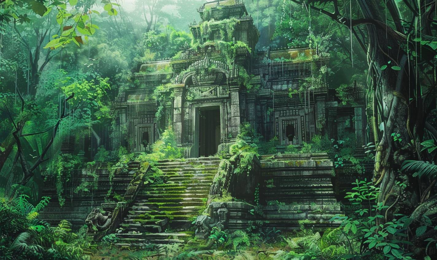 Forgotten temple hidden in the jungle in the style of Eiichiro Oda