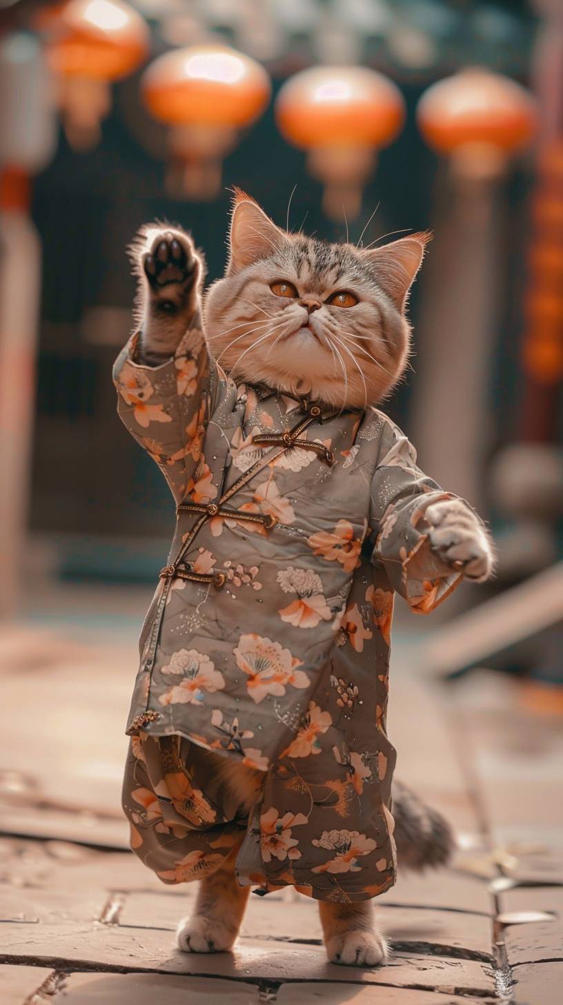 A humanoid kitty cat, standing on two feet and smiling at the camera, full body photo, Chinese Dresses for Women, very funny, standing pose, background is quite blurred, background is very hazy, video footage from Tiktok