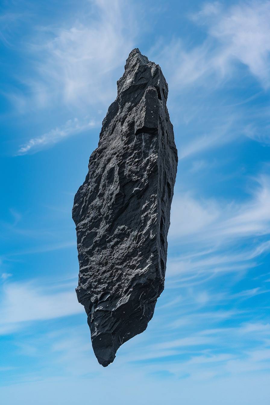 Floating above the bright blue cloudy sky, there is a black old sharp torn black flat silhouette stone with uneven edges