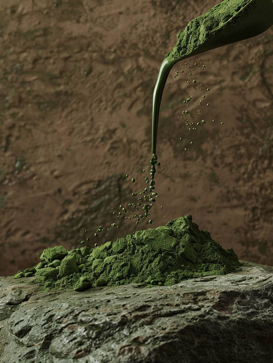 クール＆ハン製の岩に、固い茶色の背景の前で、超リアリズムの芸術家ビンセント・シュウェンクによる、苔緑色の粉が流れ落ちるクローズアップショット、テクスチャ、スーパーナチュラル、アーティスティック、ミニマルデザイン、モダン