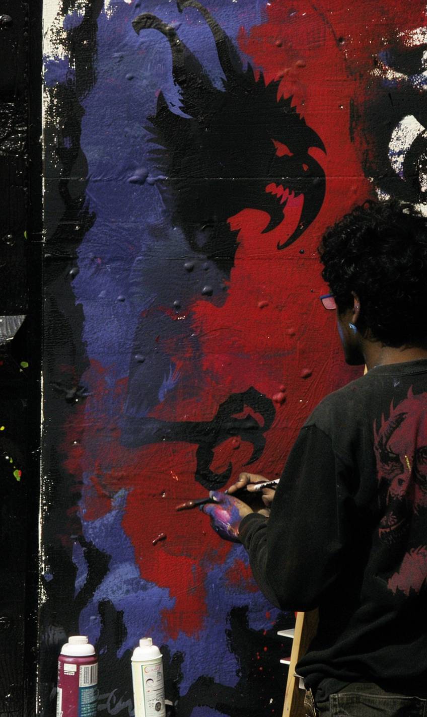 A young, aspiring artist painting a vibrant mural on a city wall, with colorful paints and a sense of creative expression.