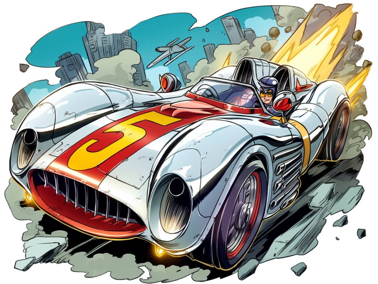 アニメ『マッハGo Go Go』のスピードレーサーの番号「5」のフードが付いたレーシングカーのカートゥーンイラスト。細密なマンガの描線とコミック風の着色を施しています。