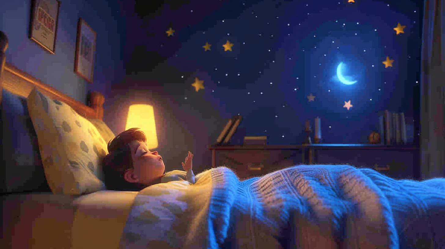 Disney animation, Pixar style, a little boy closing his eyes and praying on his bed at night. He is cute and happy, peaceful. The bedroom is set in the night with an aspect ratio of 16:9.
