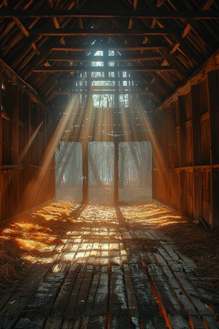 The interior of an abandoned barn with sunlight and sun rays shining through the boards from the side. Dust in the air highlights the light rays nicely. Lots of texture and shadow in the dimly lit space with traces of hay scattered on the floor.