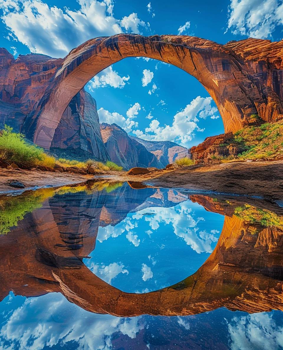 A stunning arch reflection in the crystal clear waters of Rainbow Bridge at Arabian Desert, Utah