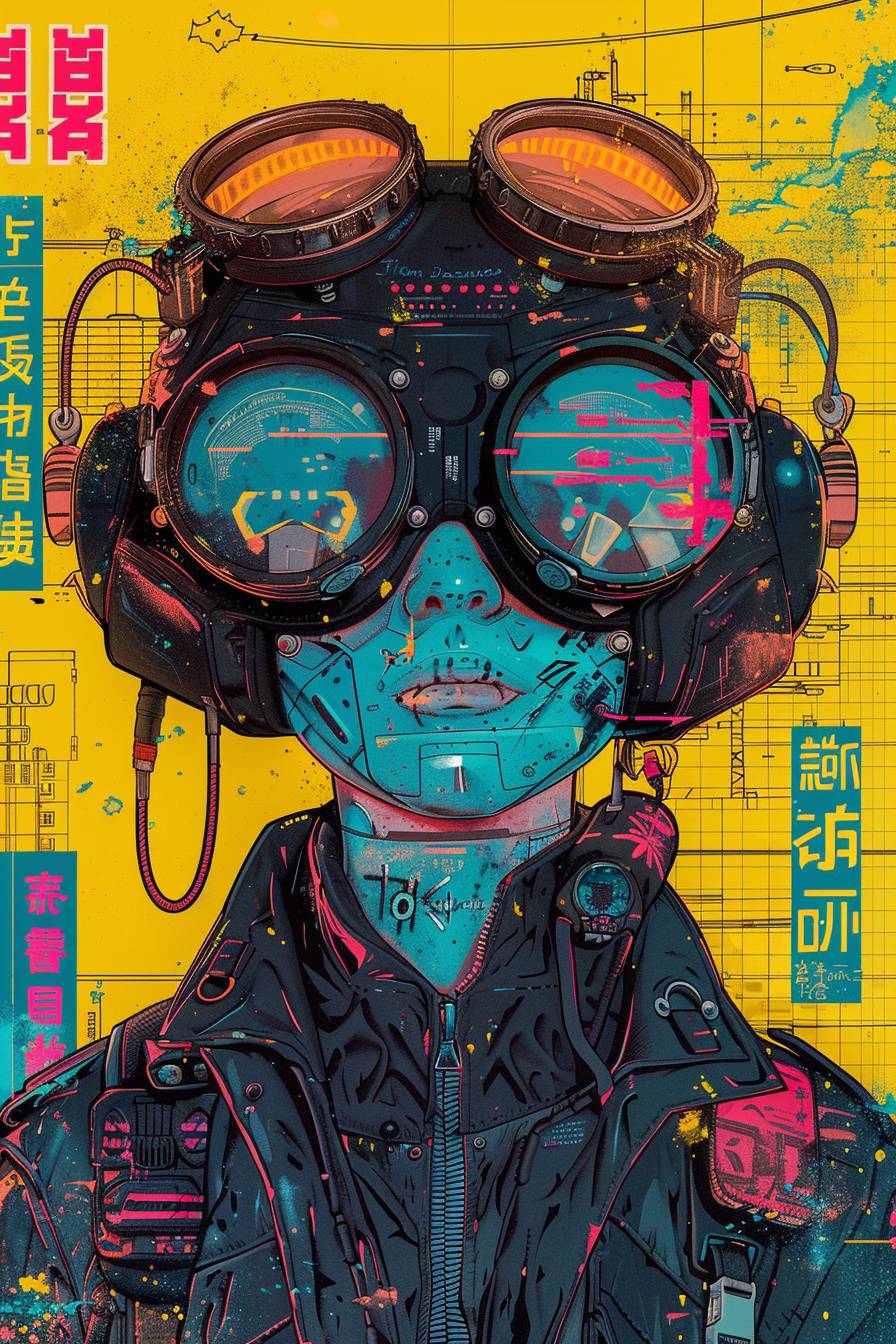 A magazine poster cover with a neo-cyberpunk theme, street-anime art style, featuring a character in a head length view, wearing a high-tech gas mask and cyber goggles, with a vivid yellow background. The background includes abstract geometric shapes and neon signs in Japanese, creating a futuristic urban vibe. Bold and dynamic lighting, with high contrast and neon glow. Created Using: digital art techniques, manga influences, cyberpunk aesthetics, high detail rendering, bold outlines, neon color palette, modern design software, urban street elements, HD quality