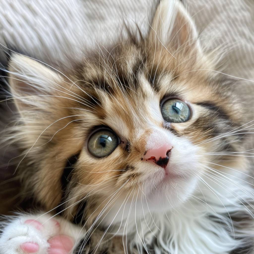 愛らしいメインクーン子猫のマクロ写真。フワフワの頬、大きな丸い目、柔らかいパッチワークの毛皮、小さなピンク色の鼻、白いミトン、遊び心のあるふさふさの尾、感情豊かなタフテッドイヤー