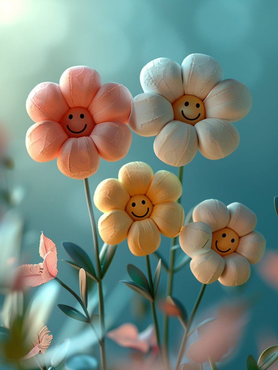3Dカートゥーンゲームシーン、3つの花が空中にあり、花びらは丸いマシュマロでできており、各々の雄しべには微笑みの顔が描かれており、色合いが異なる。Pixarのアニメーションスタイルをインスピレーションに、誇張された形状と鮮やかな色彩、誇張された動き、クリーンな背景、アートステーションでトレンド中、高解像度