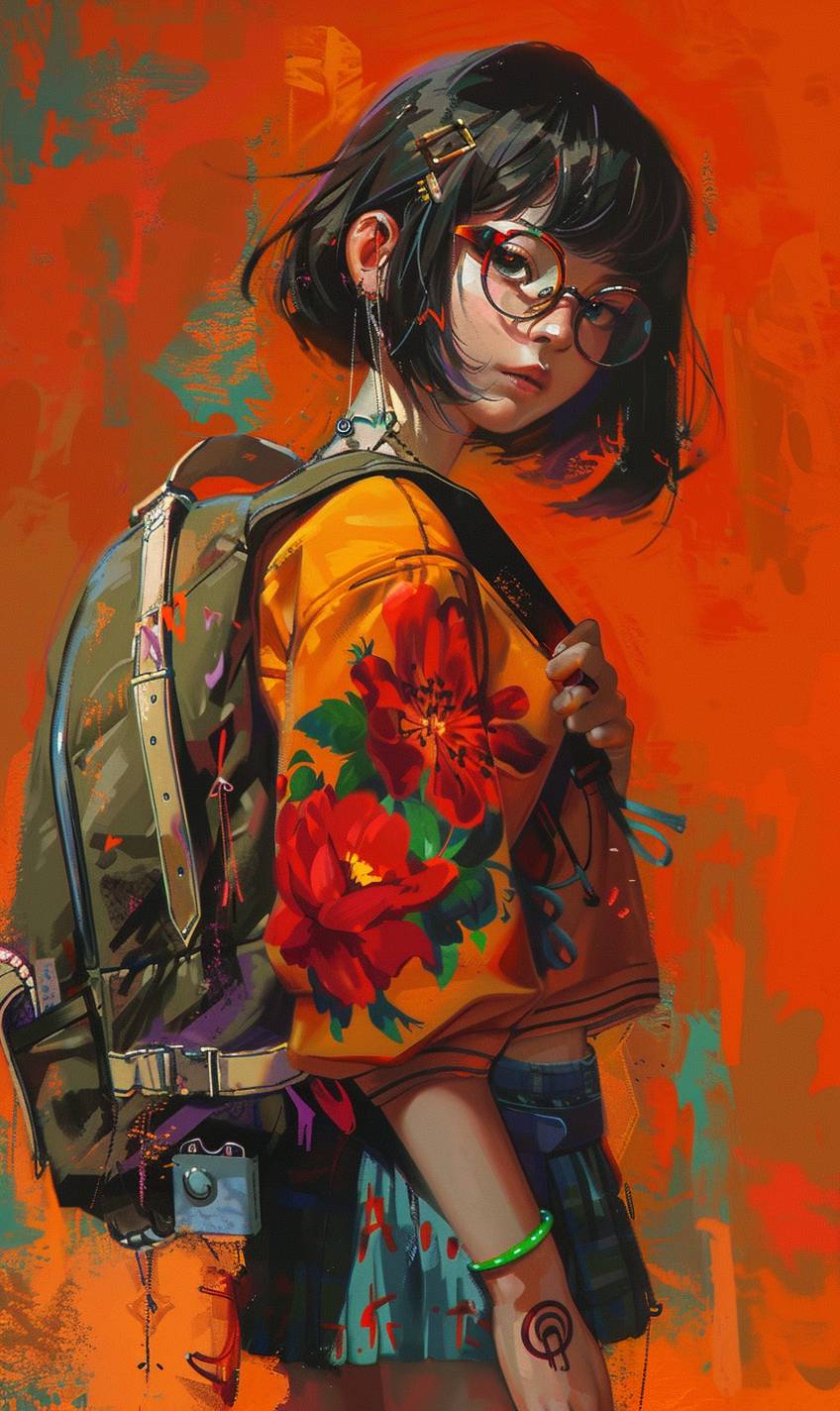 Anime schoolgirl with short black hair and glasses, wearing colorful clothing and holding a backpack. The background is a vibrant orange color with dark hues. The schoolgirl has a large red flower tattooed across her chest, giving the overall composition an edgy feel.