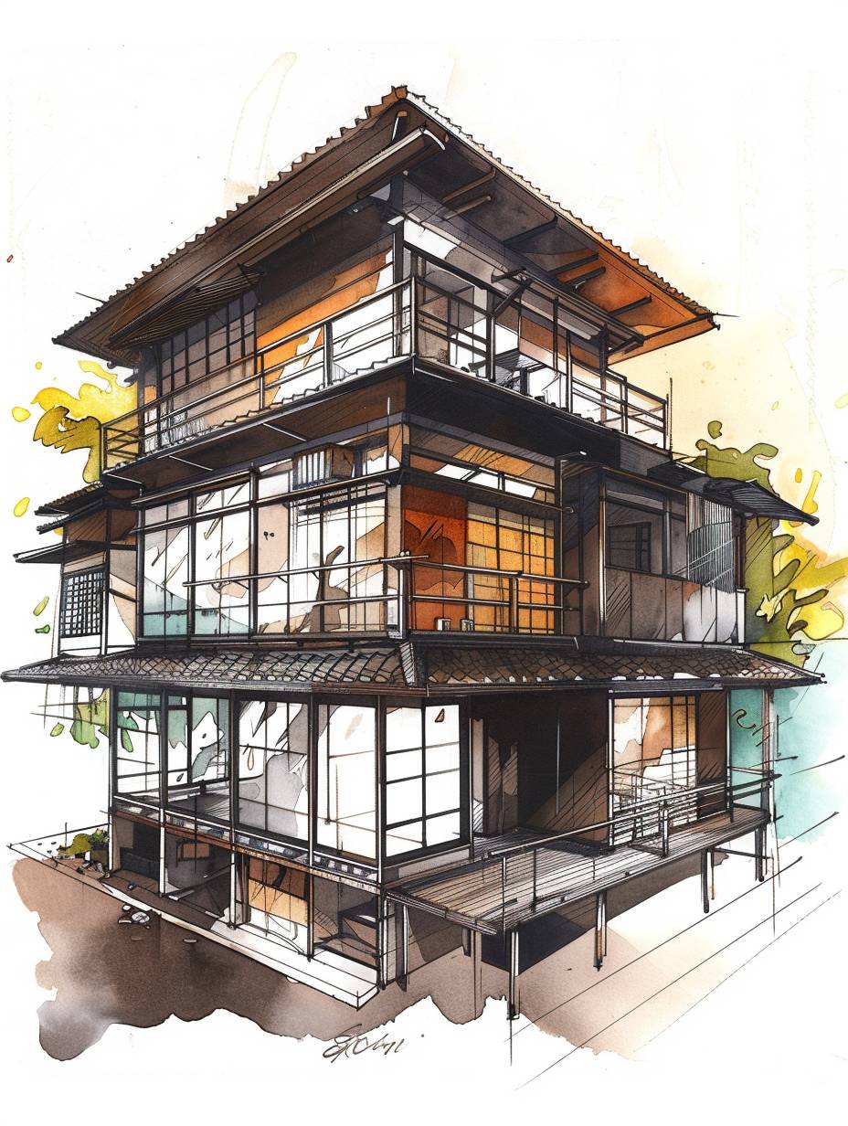 4階建ての小さな日本のオフィスアニメーションスタジオ、側面図、コンセプトアート、イラスト、水彩
