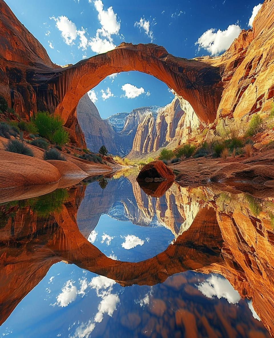 A stunning arch reflection in the crystal clear waters of Rainbow Bridge at Arabian Desert, Utah