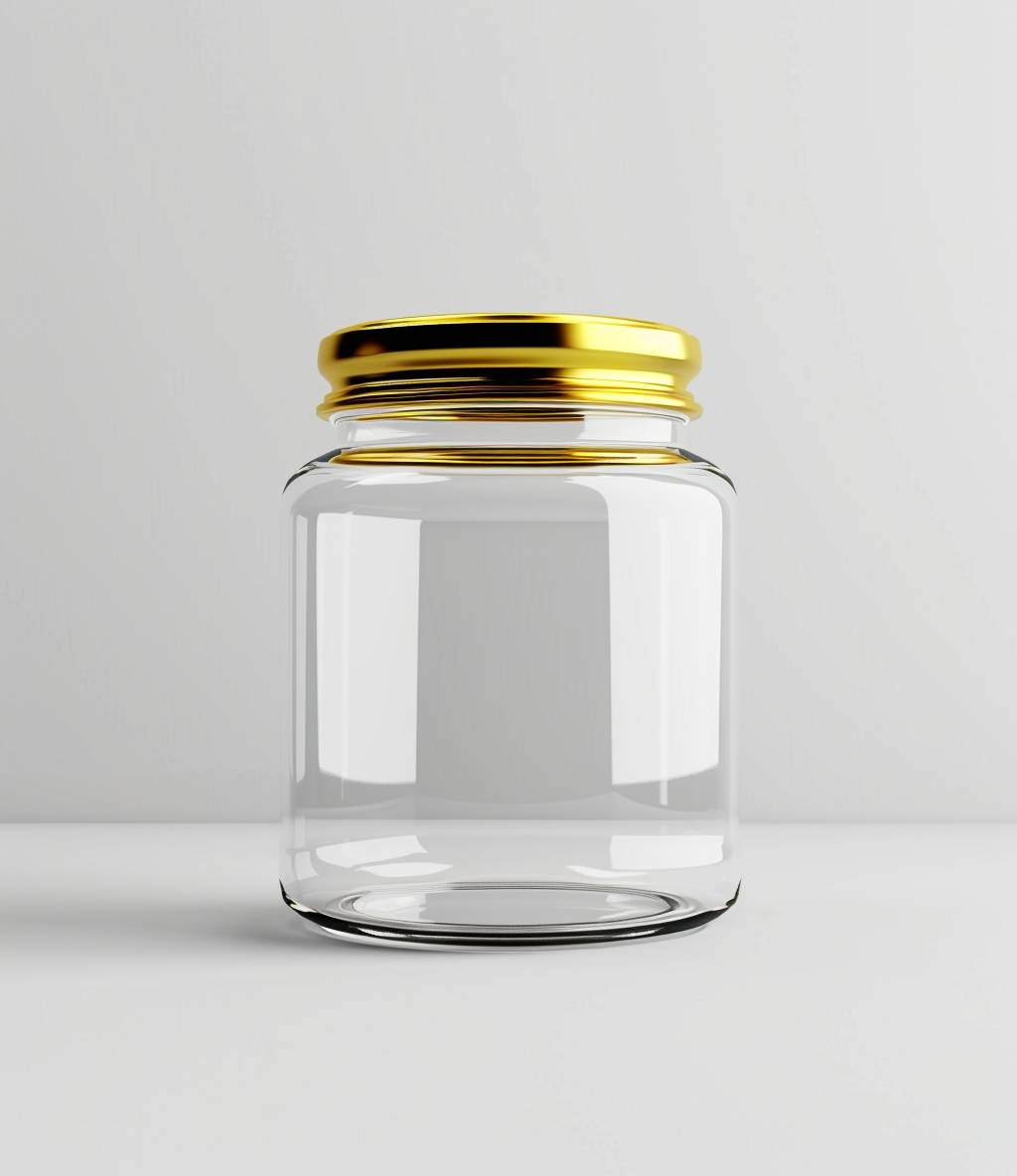 A transparent glass jar with white background, front view, golden cap, cartoon style, minimalist design, white and gold color scheme, white solid color background, high detail, hyper quality, flat design, simple style, c4d rendering technology, high resolution, ultrahigh definition, 3D renderings, high texture, bright colors, high saturation, wideangle lens, natural light, no shadow