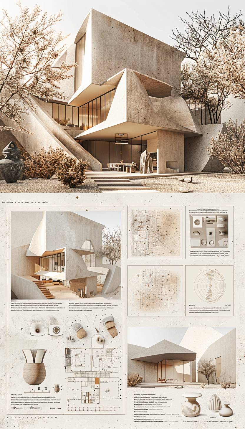 An architectural presentation board of an artist's residence design featuring floor plans, views, perspective 3D renders, and texts neatly arranged on a sheet with balanced formatted graphics and white space.