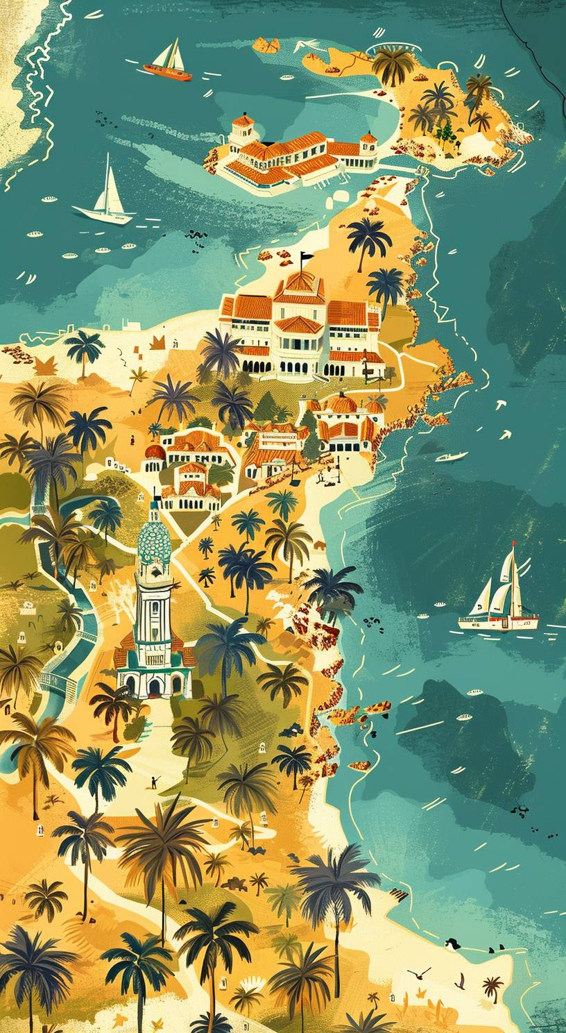 In the top 20% of the image, create a gradual map using elements of Cuba travel, the white space in the middle is used for copywriting, Cuba is used in about 20% of the top of the image. The overall pattern style is realistic with warm tones. The ratio of the base map is required to be the same as that of A4 paper. The white space in the middle is used for copywriting. High detail