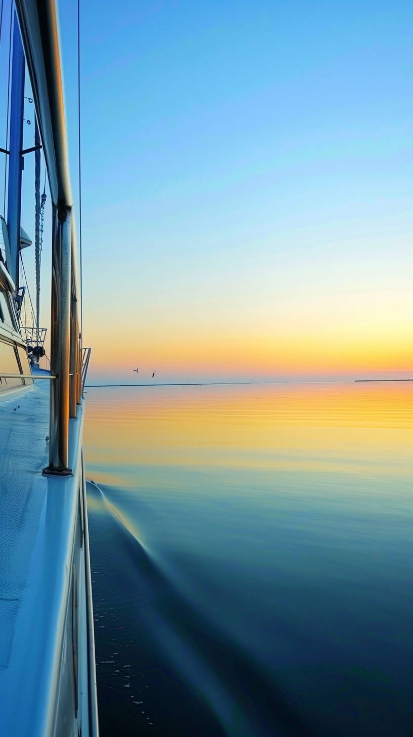 A serene early morning on Florida's Gulf Coast. The scene unfolds on the deck of a silk 50ft motor yacht, moored in the tranquil waters of Sarasota. The sun, just peeking over the horizon, bathes the yacht in a soft, golden light. In the background, the calm sea mirrors the sky, and a few seabirds glide gracefully overhead. This image should evoke a sense of anticipation and peace, idealizing a perfect start to a day of luxury boating.