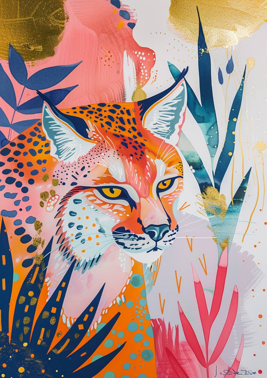 A minimal and whimsical illustration with a bold pastel color scheme; using marker art in the style of Matisse; inspired by 'I fall for you' and aboriginal art; focusing on a lynx; the mood is playful and surrealistic. There is gold leaf all over the artwork.