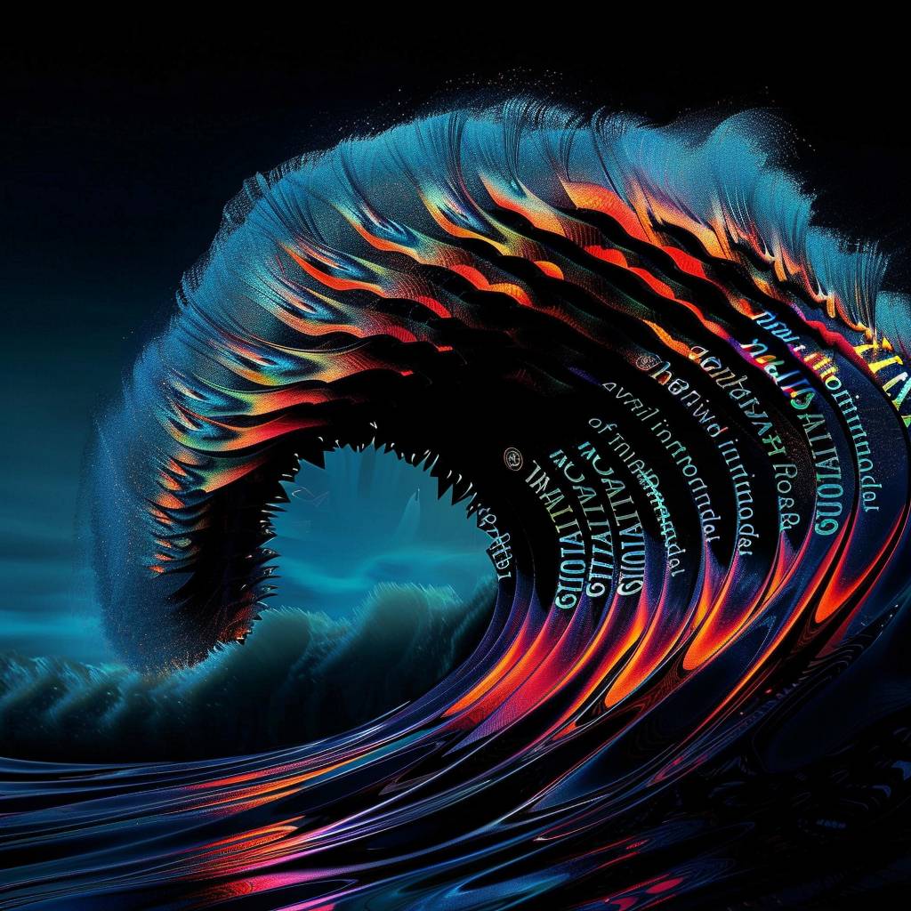 A rogue wave silhouette, pop art dotted patterns, made of words, in the style of vector illustration, high contrast, silhouette lighting, dark background, typography art, interrupted with digital glitch streaks, light cyan and blue color palette, (cinematic realism:1.4), 3D illusion, photorealistic, hyper realistic