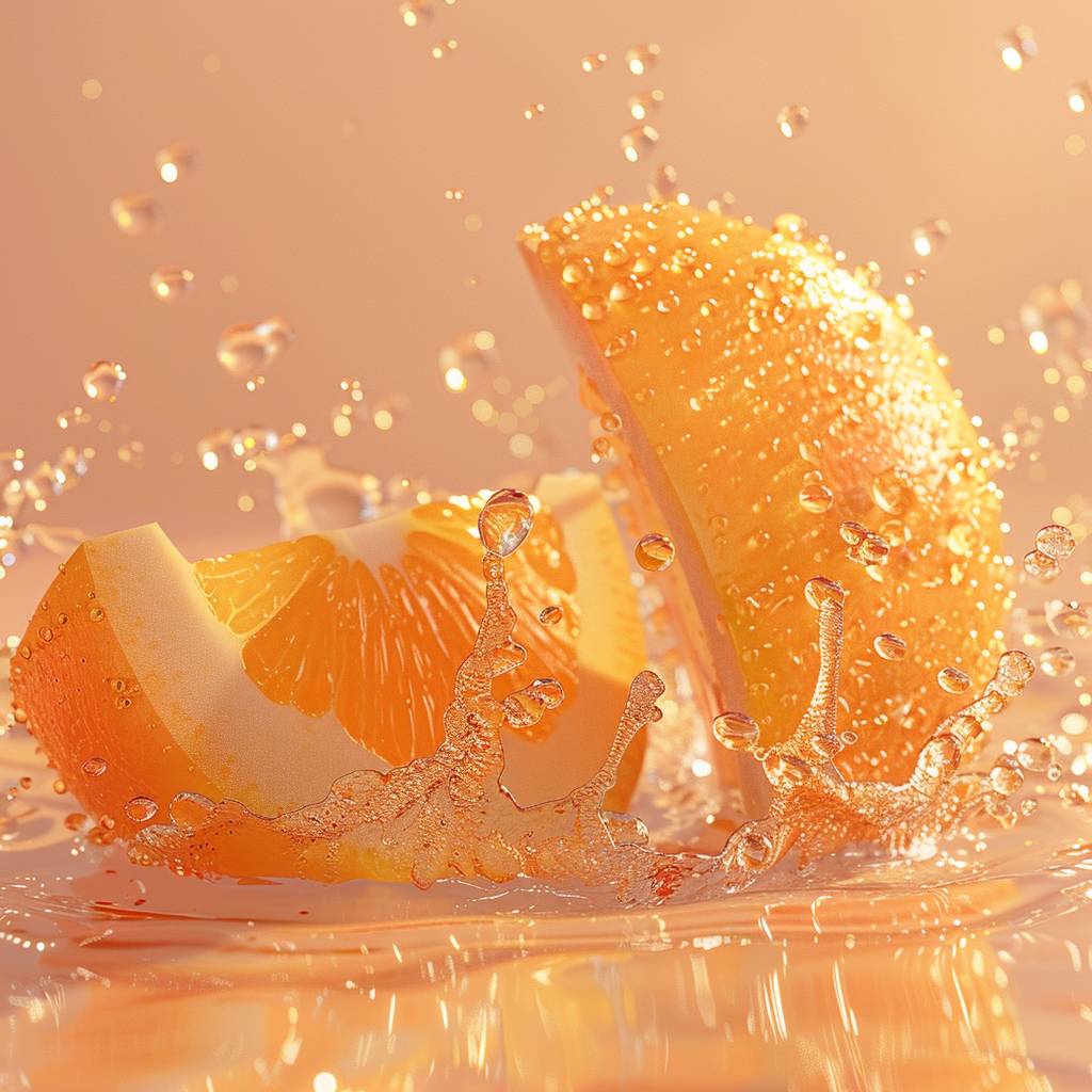 Orange and water photography, light orange background, surreal still life photography, macro shot tropical fruits, translucent textures, rendered in ZBrush style, anime aesthetic, fairy tale core, sparkling water droplets, specular reflection, gorgeous colors, 8K, UHD