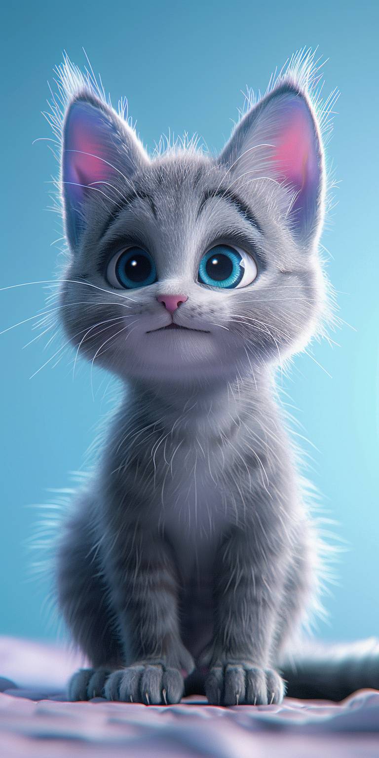 Disney style, 3D style, Cartoon style, Octane render, a cute cat, solid color background, first-person view, front view, medium shot, soft illumination, full length shot, 8K